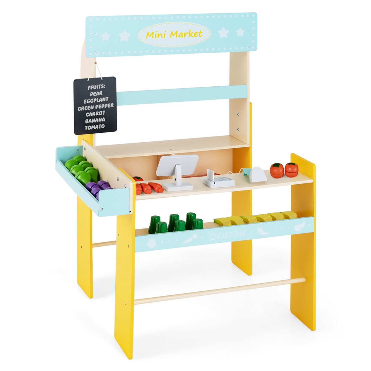 Costway Grocery Store Marketplace Toy Wooden Market Stand Pretend Play Set with 36 Fruit Veggies Pieces